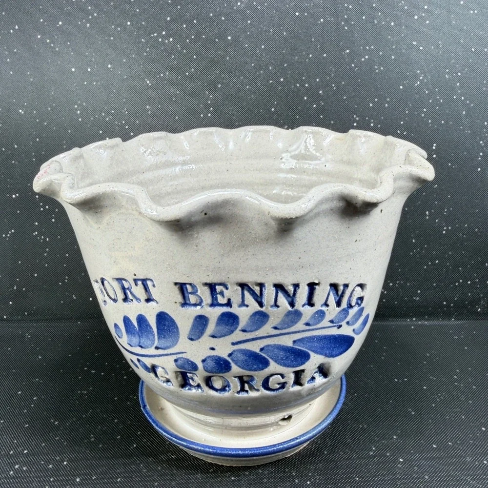 Westerwald Stoneware Fort Benning Georgia Planter Ruffled Rim Cobalt Blue Signed